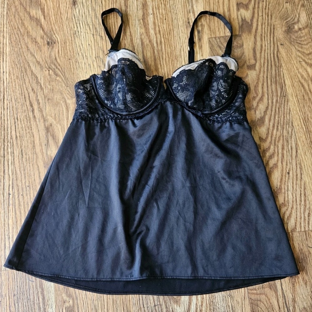 Victorias Secret 34C Black Lace Camisole Tank Lingerie Slip Top Y2K Coquette VTG